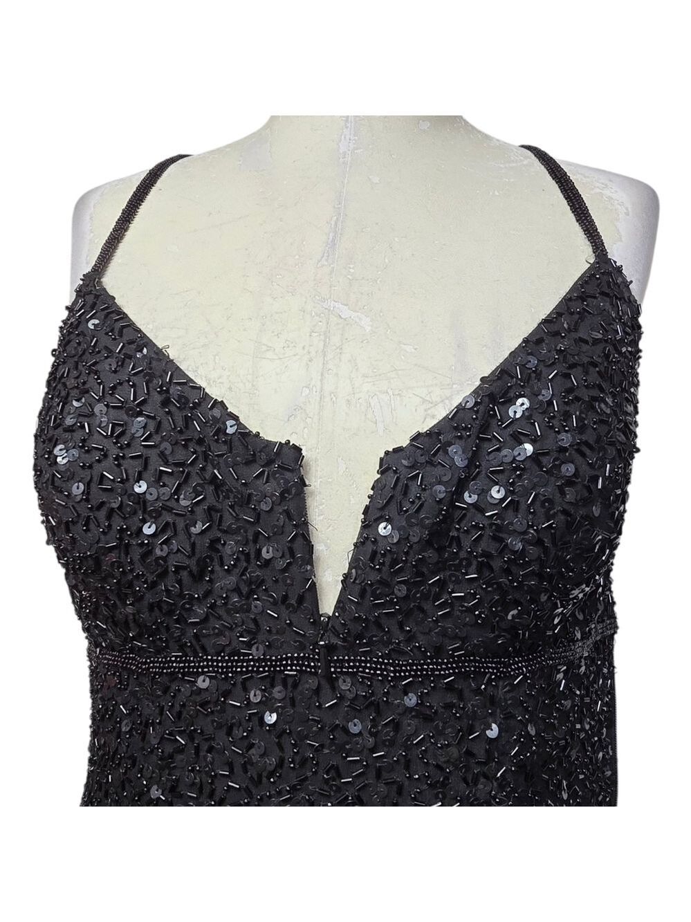 Scala Black Sequin Beaded V Neck Maxi Front Zip Vintage Silk Slit Maxi Dress M - Picture 3 of 12